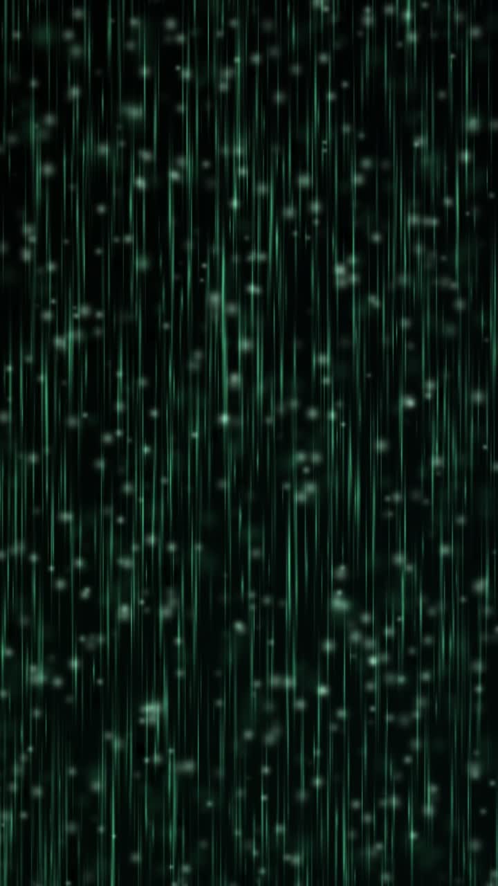 A dark background with vertical green particles and light streaks creating a curtain-like abstract motion