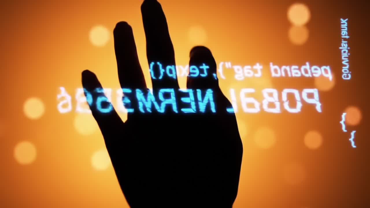 A silhouette of a hand against a glowing background, interacting with abstract digital elements that symbolize technology and networks for a futuristic experience