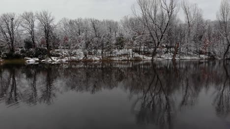 snowy landscape on shore of lake with calm water surrounded by forest trees