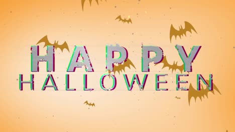 animation of happy halloween text over bats flying on orange background