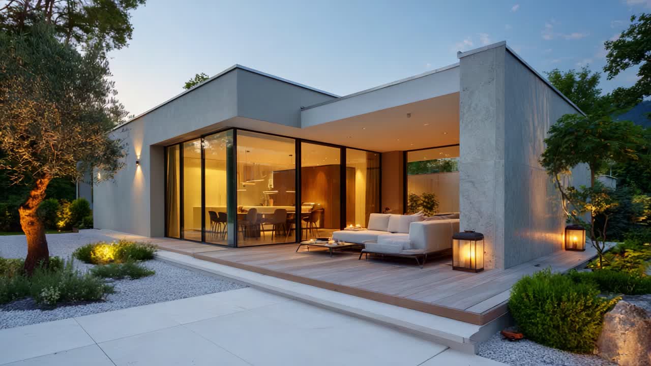 Moderna casa minimalista con fachada de cristal que exhibe un elegante espacio habitable rodeado de un exuberante jardín y una suave iluminación ambiental al atardecer