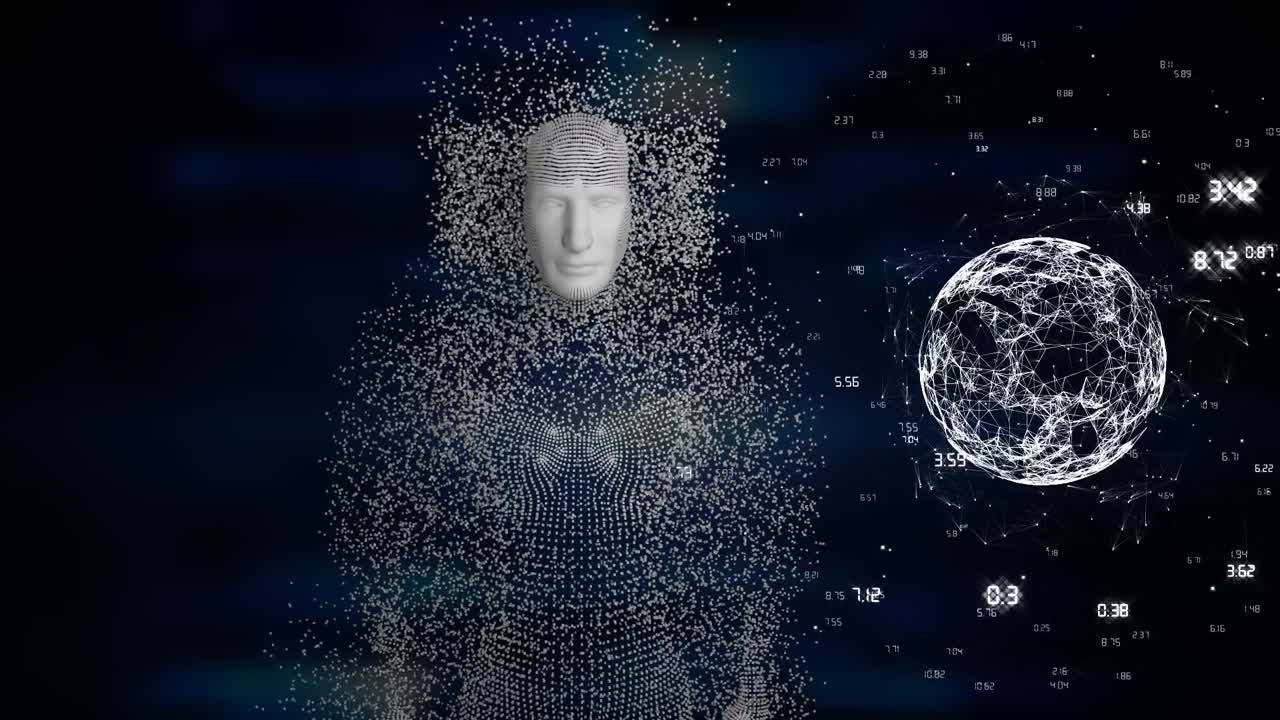 Animation of human model made of grey particles and globe spinning on blue background