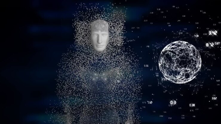 Animazione di modello umano composto da particelle grigie e globo rotante su sfondo blu.