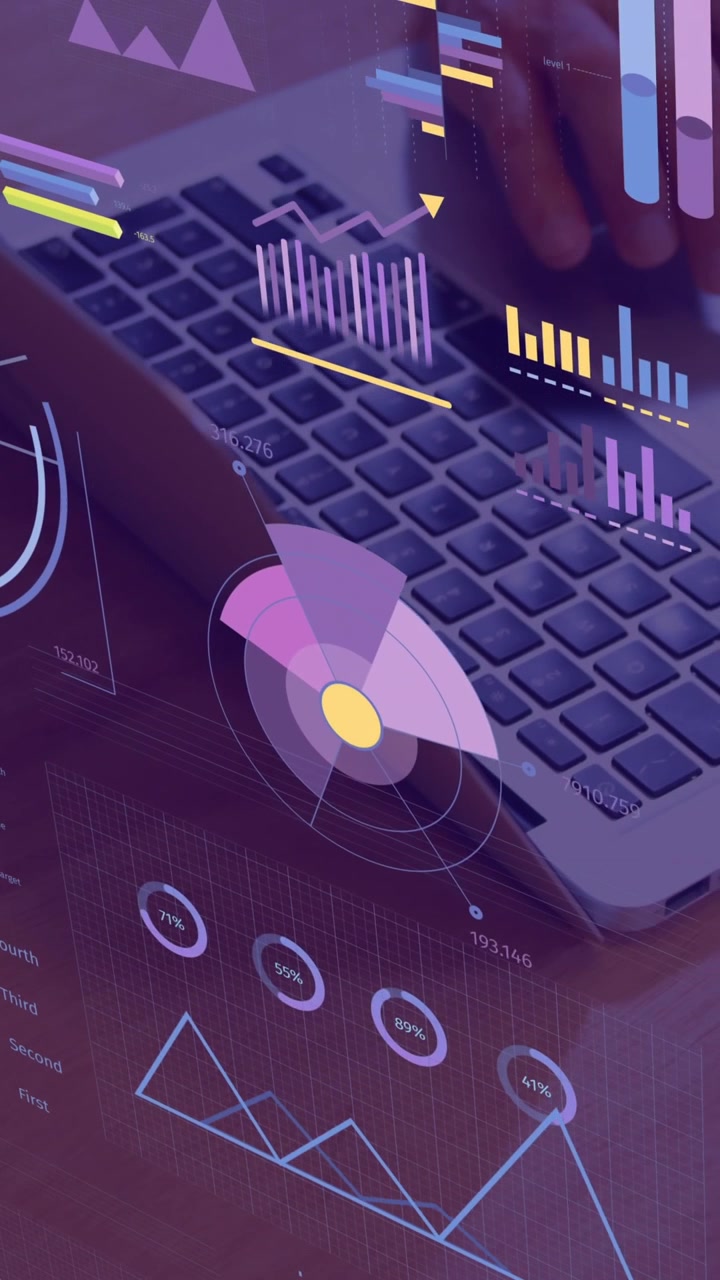 Animation of statistics and financial data processing over caucasian man using laptop