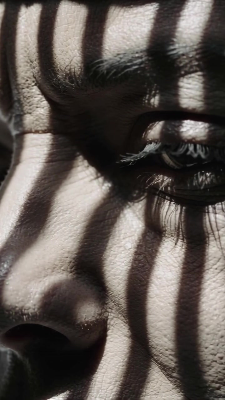 Vidéo verticale : Une femme clignant des yeux observe la lumière à la fenêtre, des stores verticaux projetant des ombres rayées.