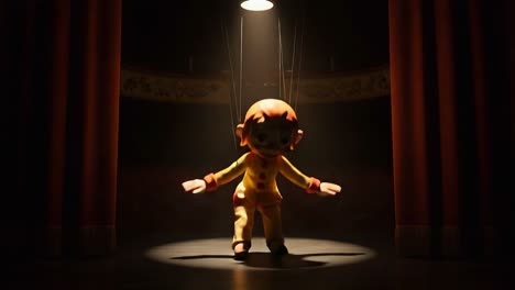 a puppet's journey: from sitting in shadows to center stage, this charming marionette transforms under the spotlight, captivating the audience with a joyful performance