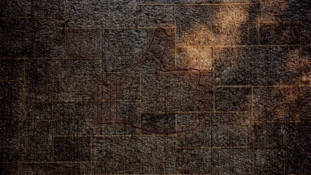 animación de pulgares luminosos de neón hacia arriba icono en la pared de ladrillo