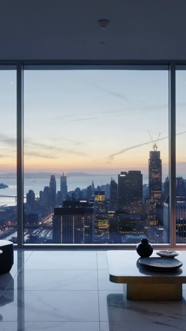 Vertical video: Pulling back camera revealing skyline through full-height window, showing interior