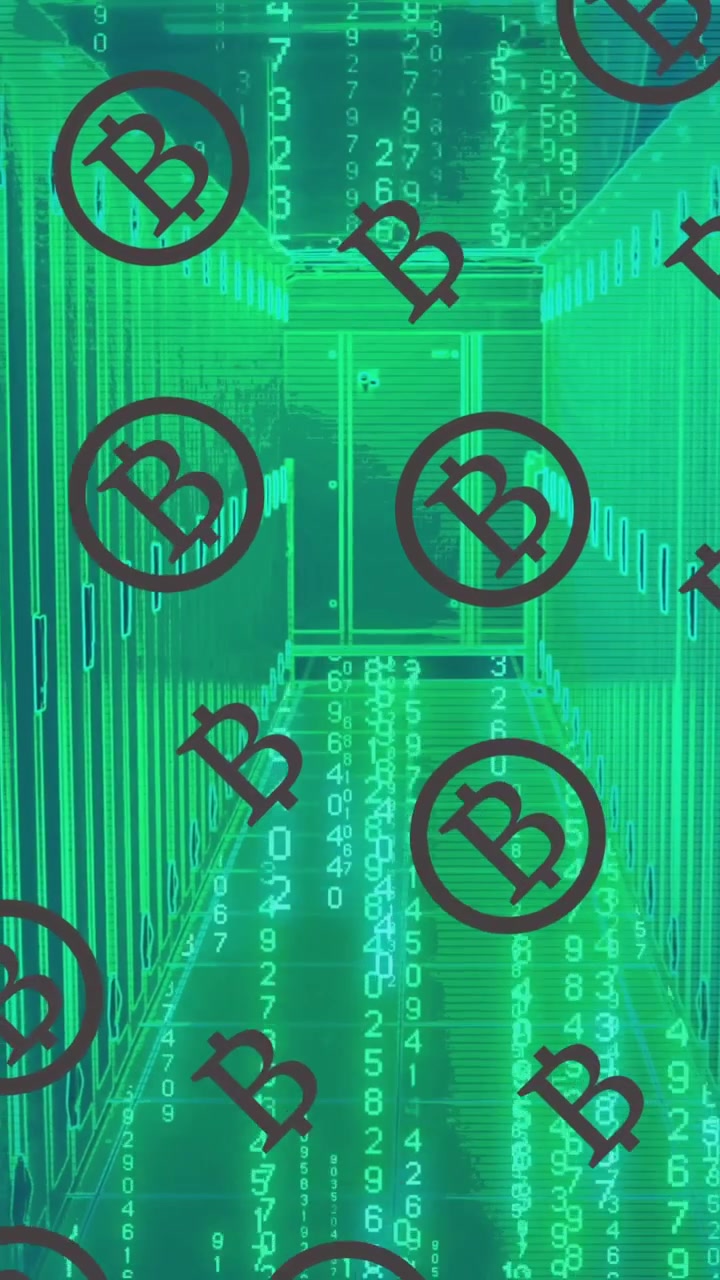 Animation of bitcoins over green symbols in server room