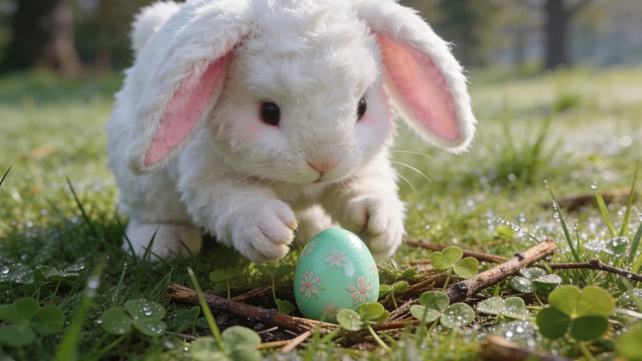 Coelho notando um ovo pastel decorado, investigando e empurrando o ovo em um ninho de galhos em um prado com orvalho.