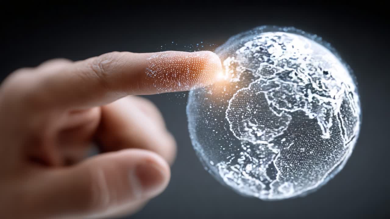 A Finger Touching a 3D Representation of the Earth, Highlighting Connectivity and Interaction with Our Planet's Digital Representation