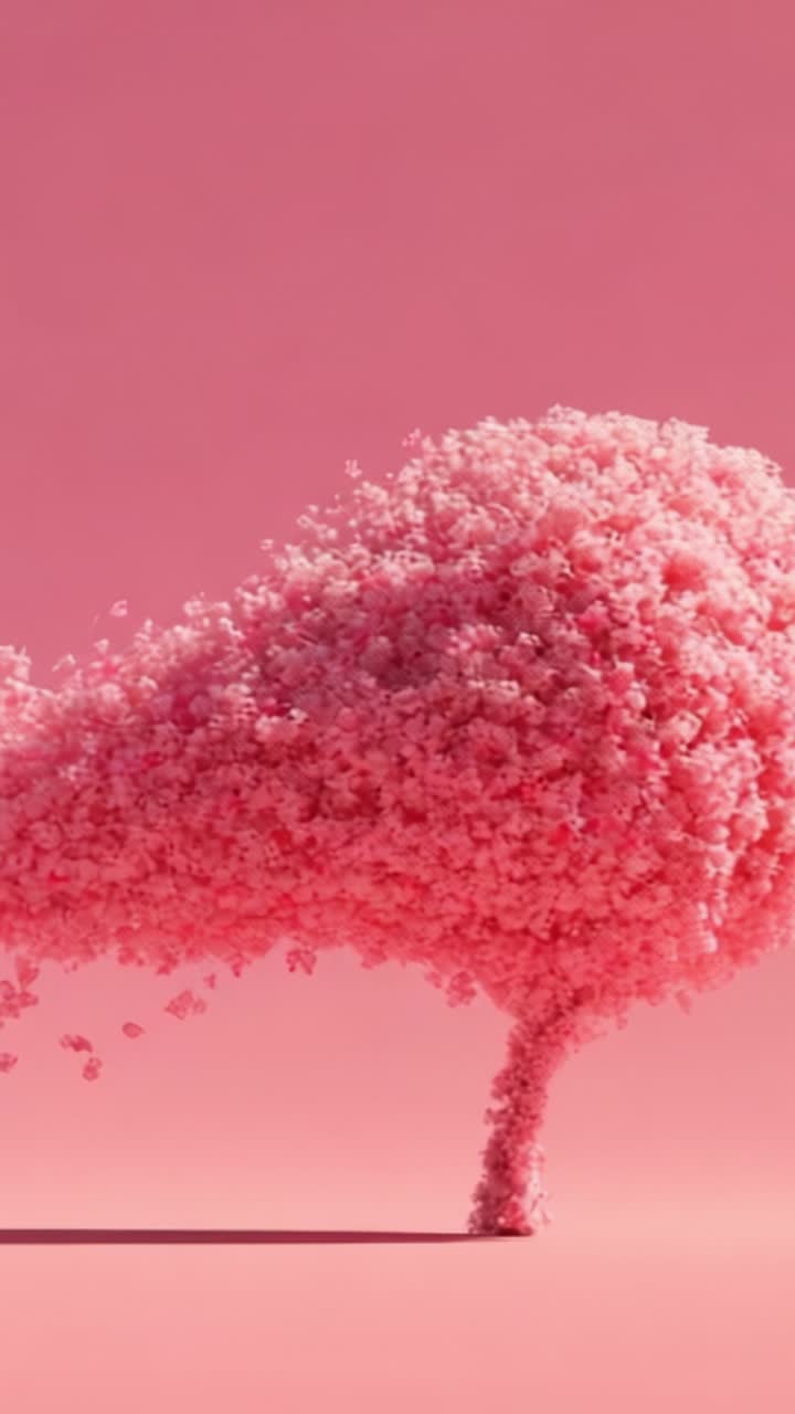 Ein surrealer Blütenbaum in einer traumhaften rosa Atmosphäre, der die Essenz der Naturschönheit in einer skurrilen und bezaubernden visuellen Kunstinstallation einfängt