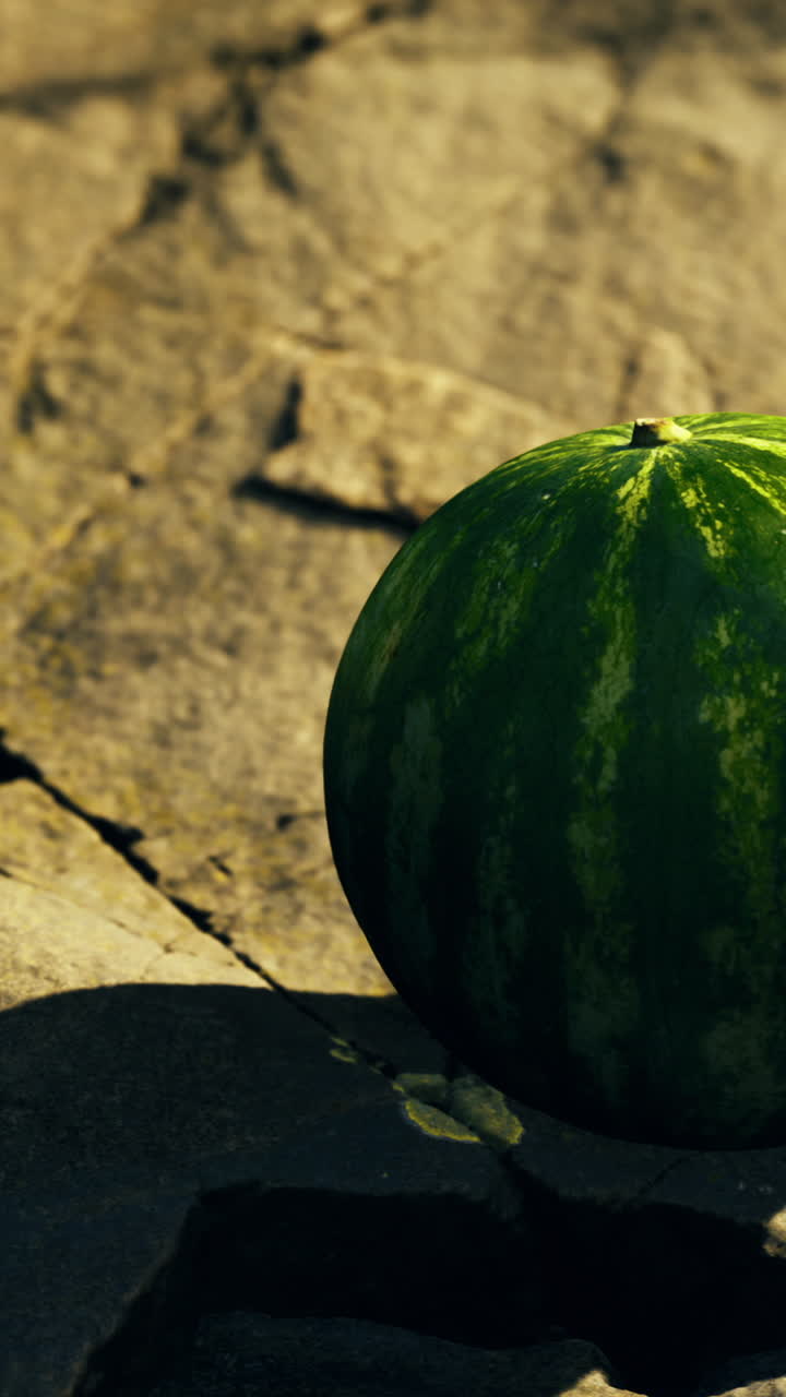 Green watermelon resting on sunlit stone surface amidst autumn leaves