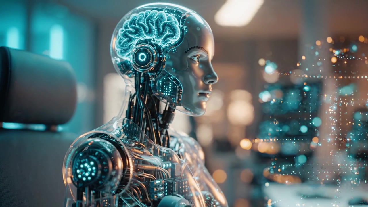 A Futuristic Cybernetic Being Engaged in Thoughtful Reflection Within a High-Tech Environment, Showcasing Advanced Robotics and Artificial Intelligence Innovations