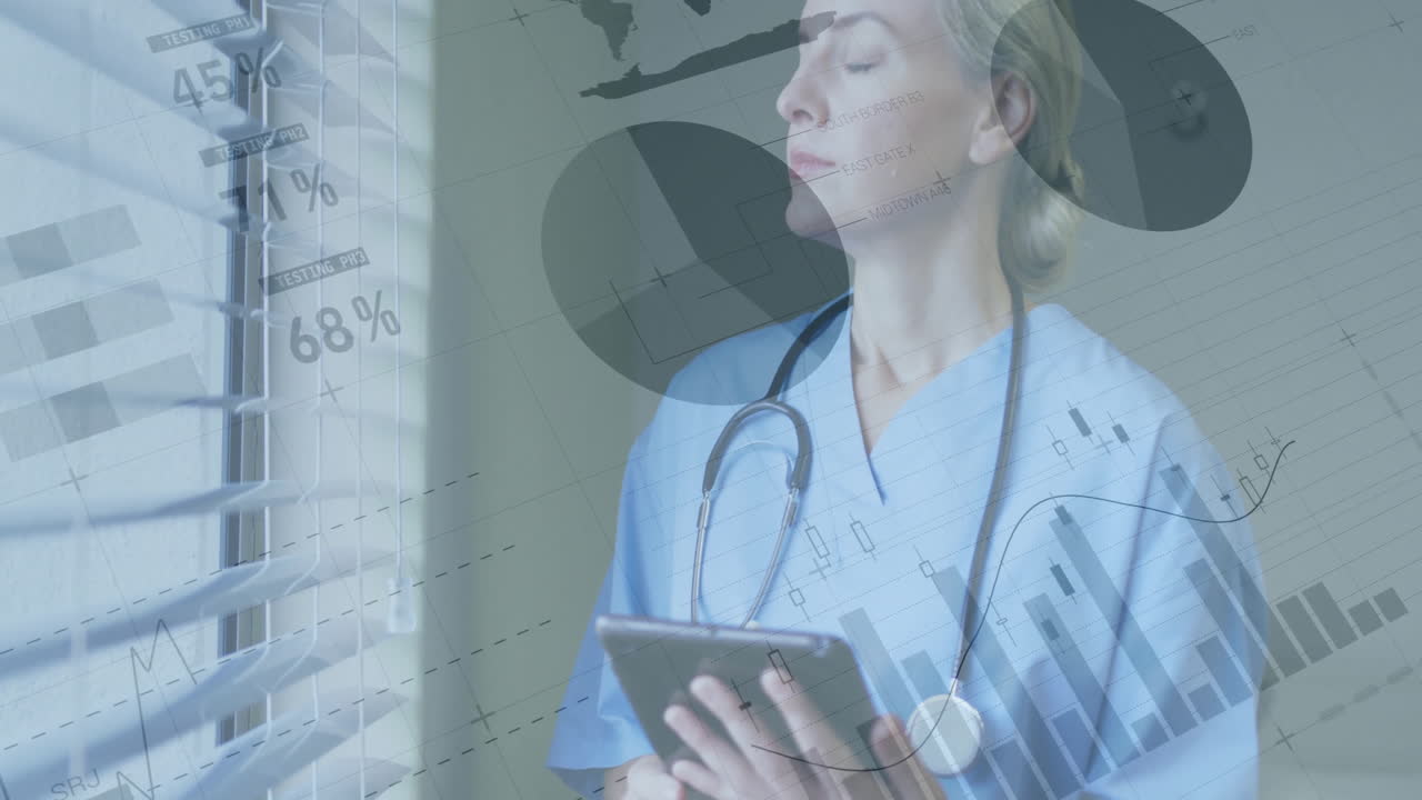 Female nurse scanning statistics on tablet beside window, displaying floating graphs and world map