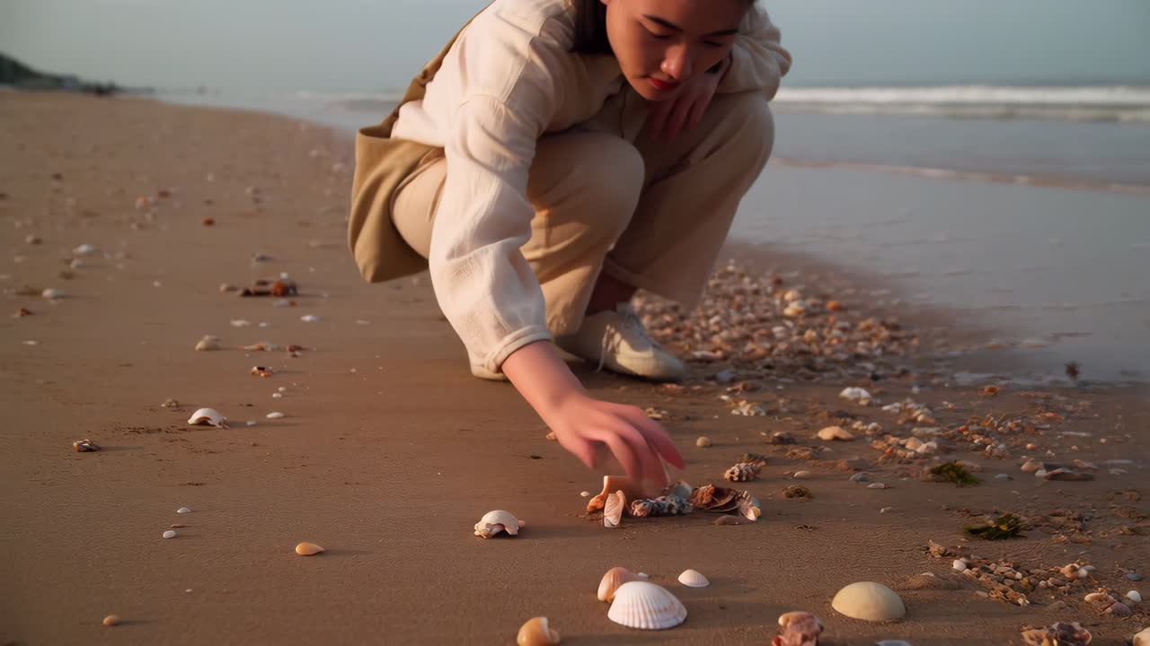 Person walking and collecting seashells on a sandy beach