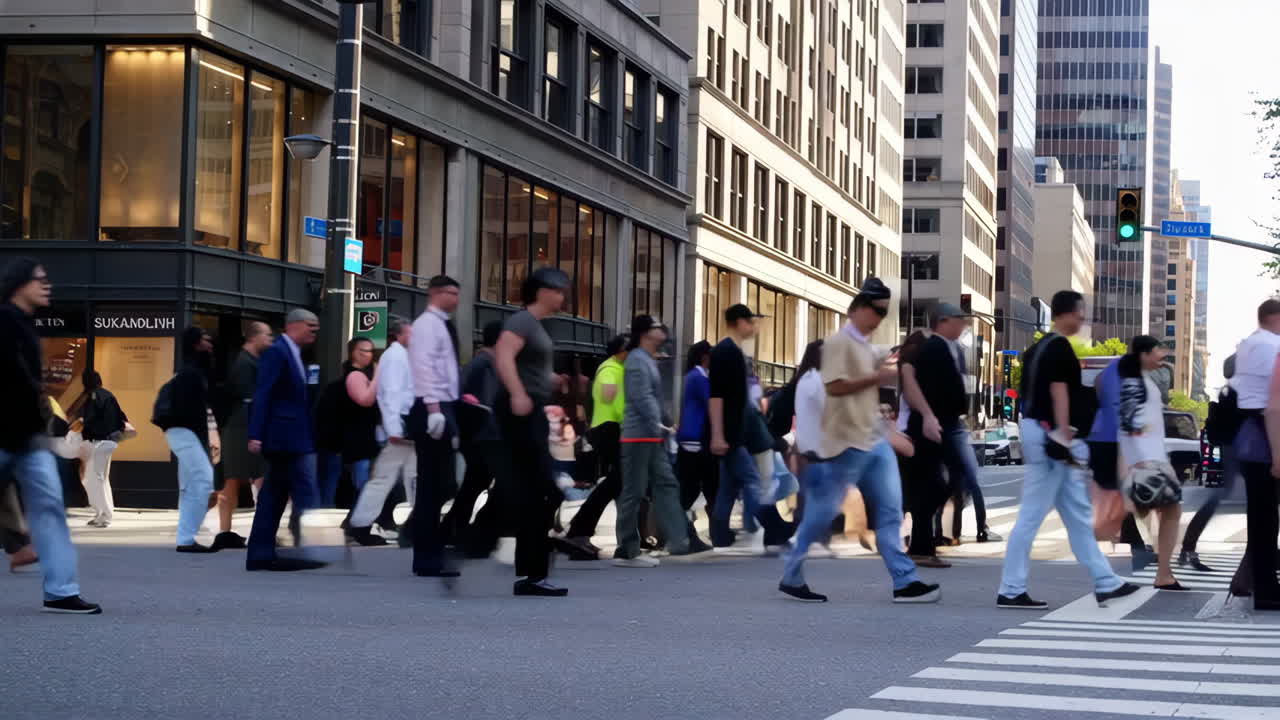 Busy City Street Scene with Pedestrians and Traffic
