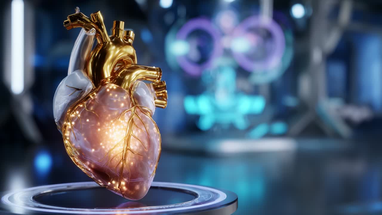 A Stunning Visualization of a Heart Model Positioned Confidently on a Display Stand, Illuminated with Glowing Vascular Details, Set Against an Advanced Technological Background in a Medical Environment
