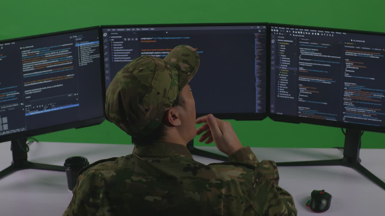 Back View Of Tired Asian Man Soldier Developer Yawning Before Sleeping While Write Code With Multiple Computer Screens In Green Screen Studio