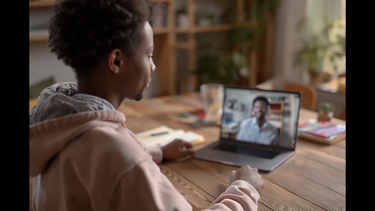 Young person in hoodie on video call