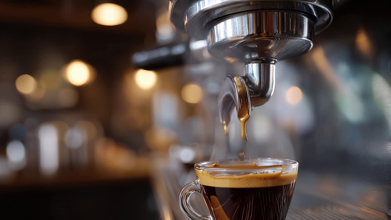 Rich espresso streams into a small cup. Warm lights blur softly in the background. Barista's hands remain unseen but steady. The coffee drips slowly, promising deep flavor. Ideal for cafe branding
