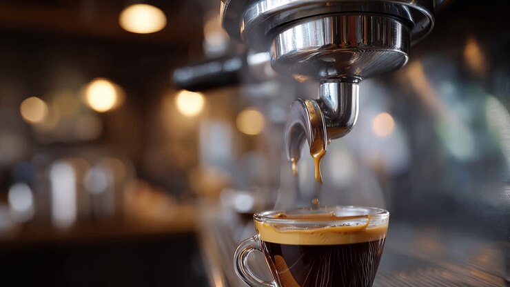 Rich espresso streams into a small cup. Warm lights blur softly in the background. Barista's hands remain unseen but steady. The coffee drips slowly, promising deep flavor. Ideal for cafe branding