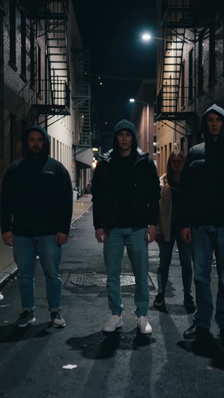 Vertical video: Facing center man hooded coat still as woman stepping to join in alley under light