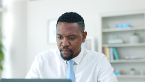 Black-man,-office-and-laptop-with-thinking