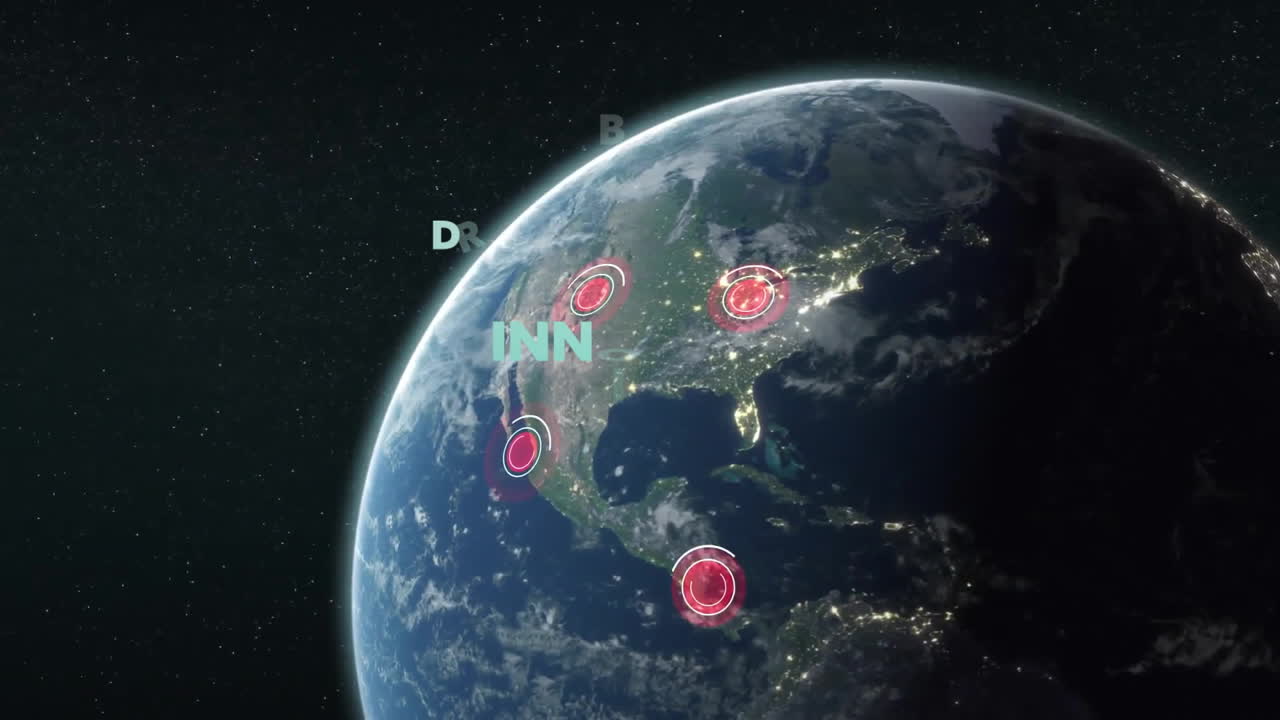어두운 배경에 네트워크 허브와 함께 전 세계에 대한 동기 부여 텍스트 용어의 애니메이션