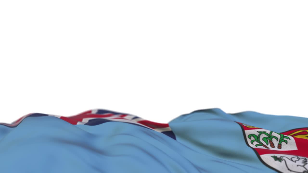 la bandera de fiji de tela ondeando en el bucle del viento. el estandarte de tela cosida de fiji bordado balanceándose en la brisa. fondo blanco medio lleno. lugar para el texto. bucle de 20 segundos.