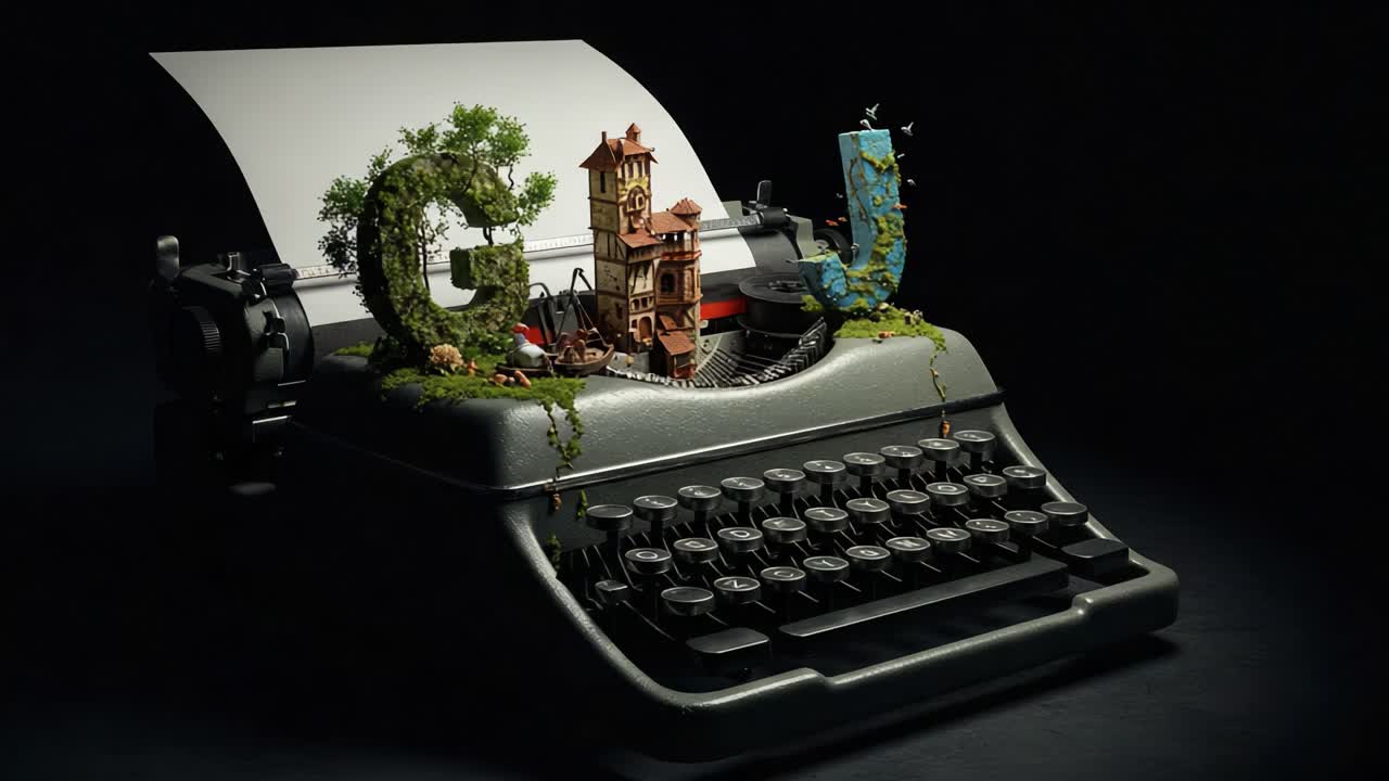 A Whimsical Fantasy Unfolds from an Old Typewriter with Lush Greenery, Miniature Buildings, and Artistic Details on a Blank Page, Merging Nature with Creativity