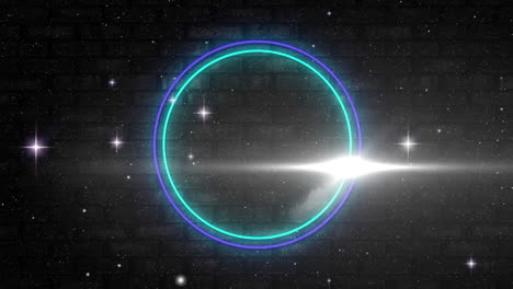 círculos de neón sobre estrellas brillantes contra la pared de ladrillo