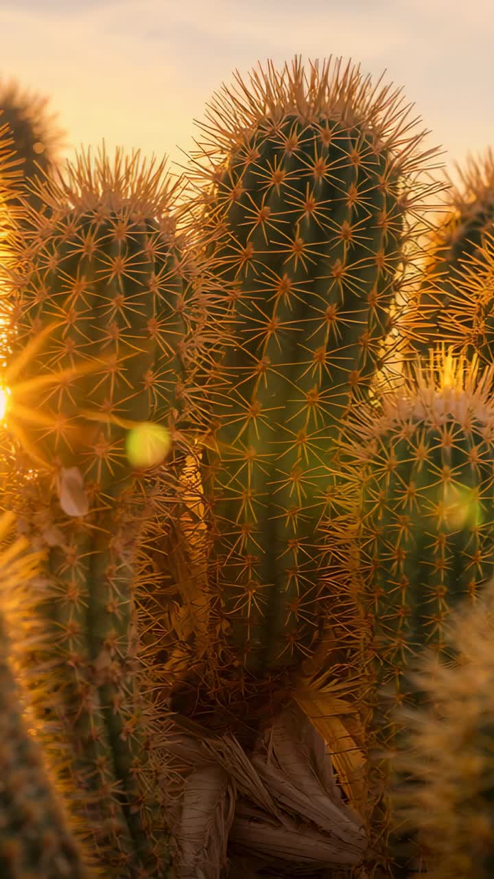Video verticale: Gruppo di cactus luminosi che catturano la retroilluminazione del sole basso a terra, mostrando bagliori dell'obiettivo.