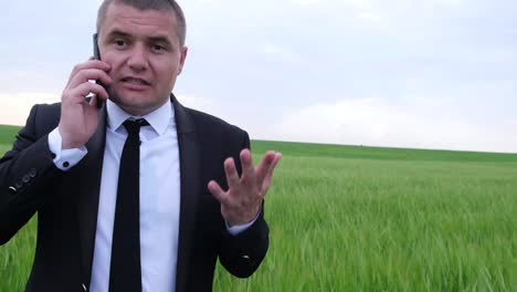 businessman talking on the phone in a field