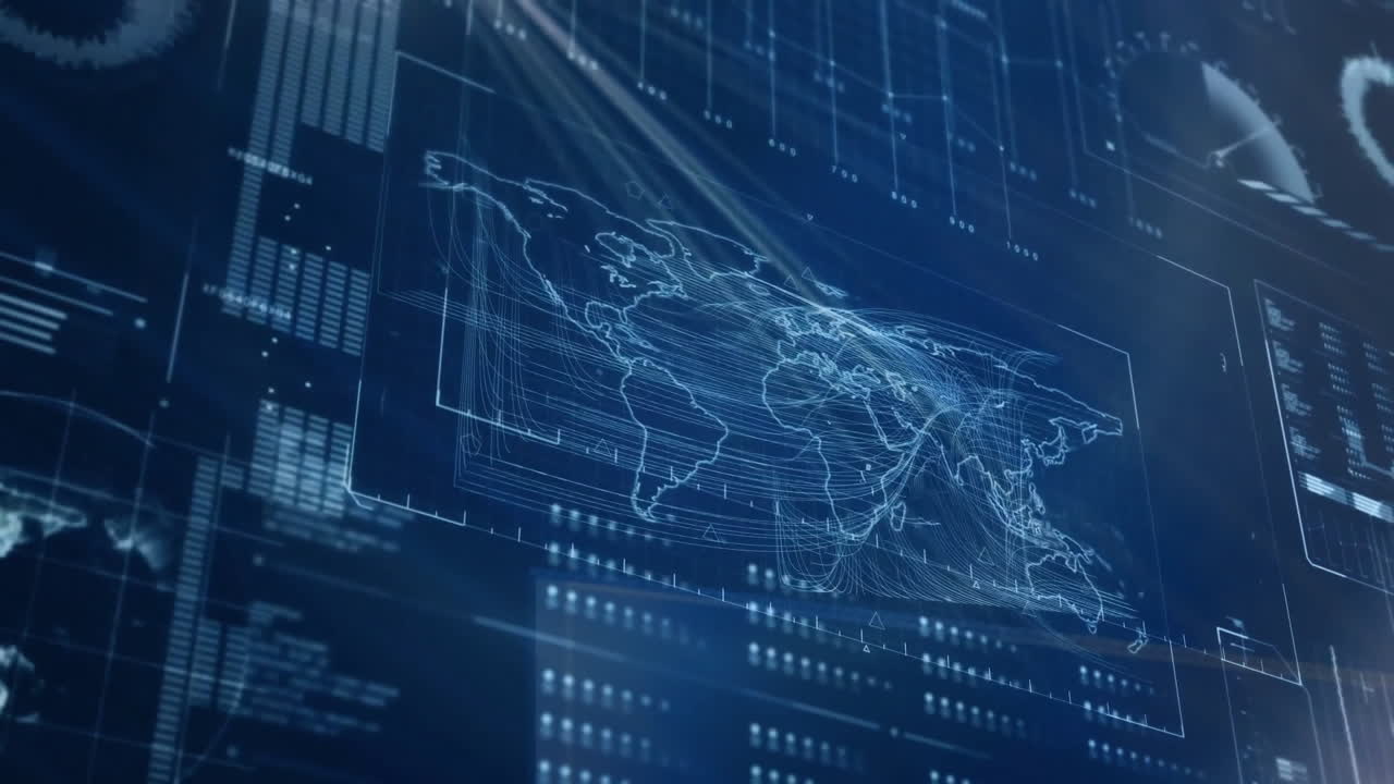 Animation of data processing with world map on black backgroud