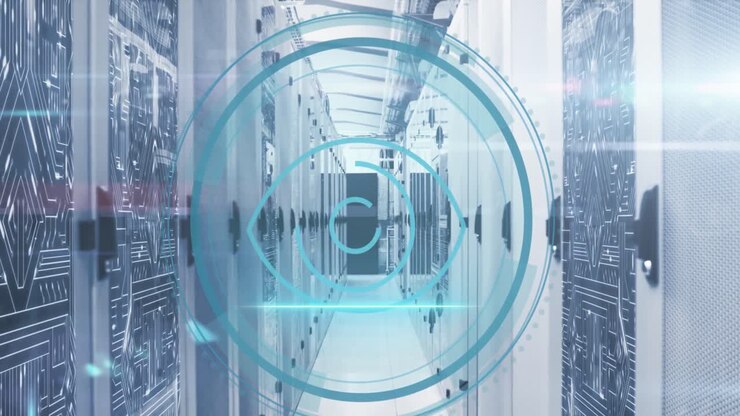 Animation of cyber security text, eye retina scanner, microprocessor connections against server room