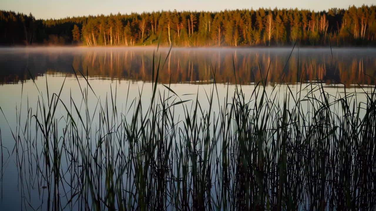 el amanecer brumoso sobre un lago