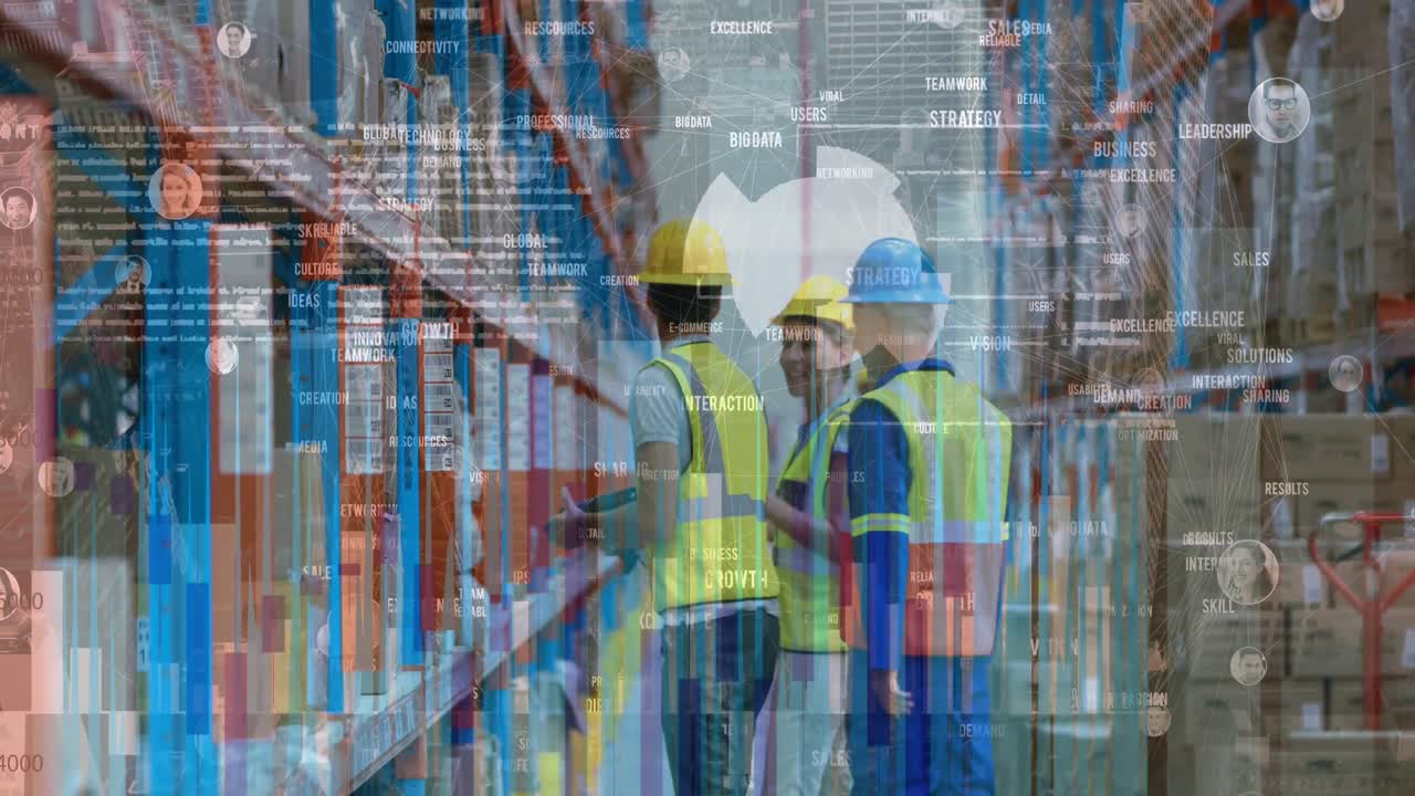 procesamiento de datos financieros y estadísticos contra un equipo de trabajadores que comprueba las existencias en el almacén