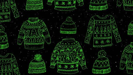 animation of snow falling over christmas green hat and jumper pattern in background