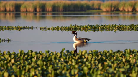a northern pintail duck gliding on calm water amidst aquatic plants