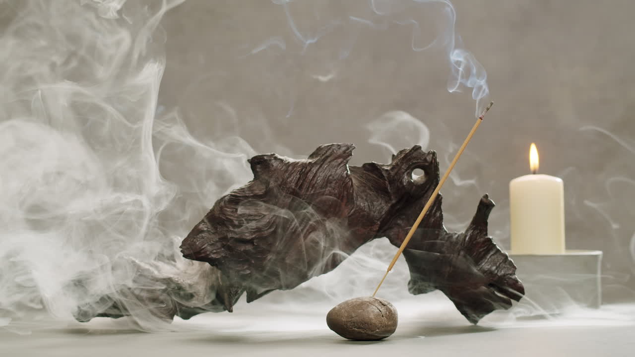 Person holding Palo Santo wood stick in hand, aromatic Palo Santo burning on black background, smoke spreading around, slow motion video clip, high quality 4k close up footage. High quality 4k footage