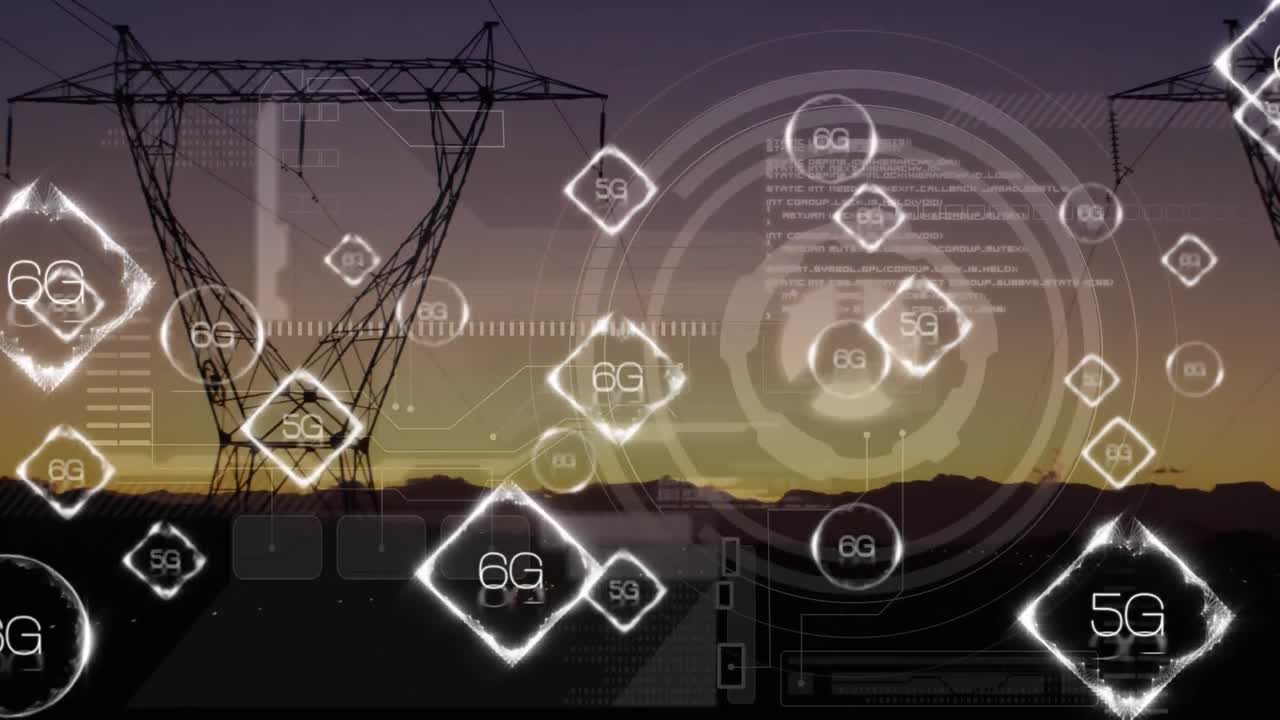 Animation of network of 6g and 5g text over landscape with electric pylons