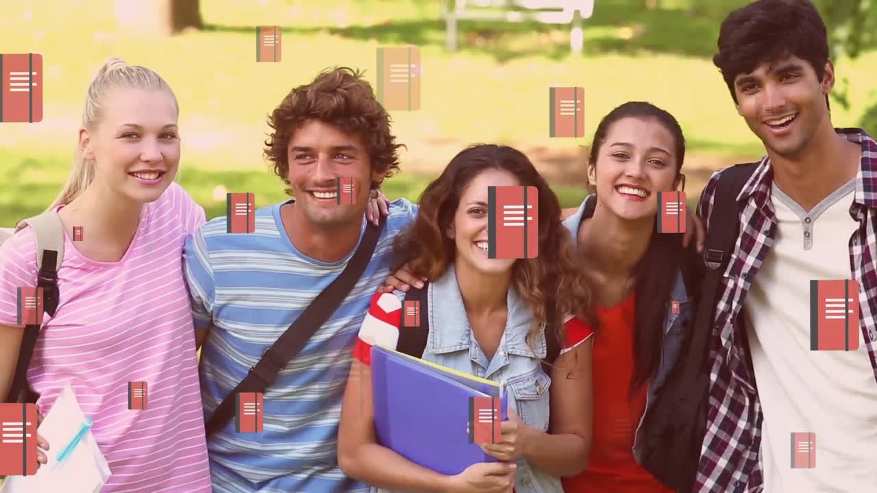 animación de la caída de los iconos de los cuadernos sobre diversos estudiantes afuera