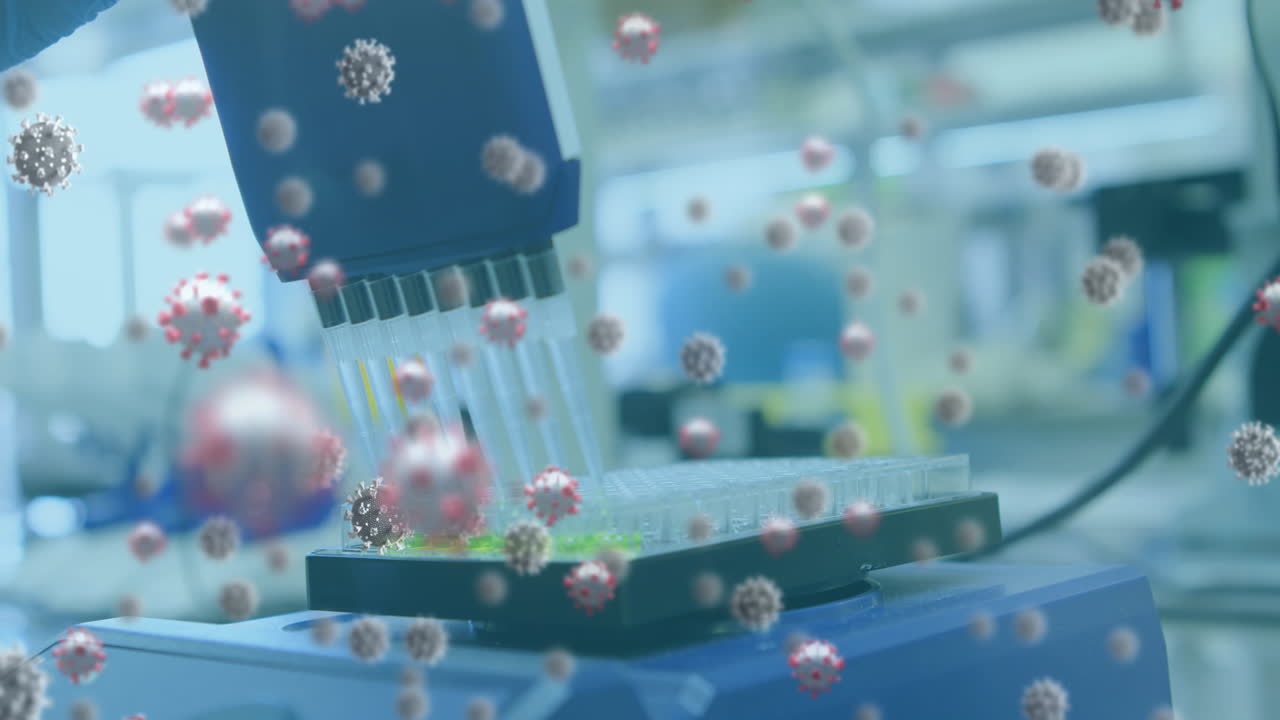의료 실험실에서 코로나 19 세포와 장비의 애니메이션