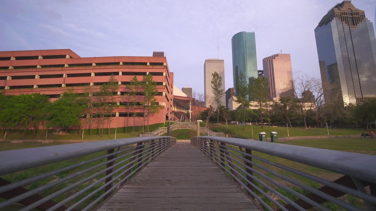 Slow Motion Drone Shot of Bridge Over Buffalo Bayou in Houston, Texas