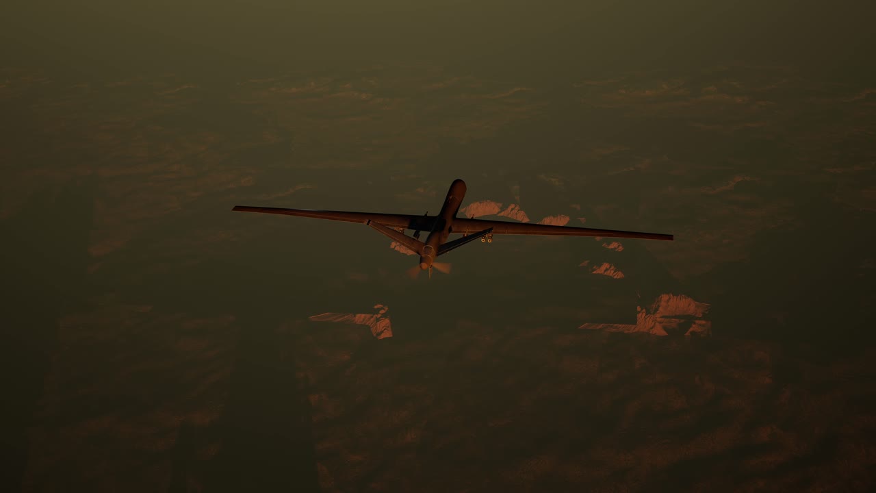 Military Airplane Flying Above The Battlefield At Sunset. War Concept