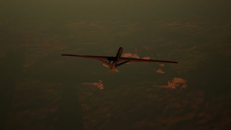 military airplane flying above the battlefield at sunset. war concept