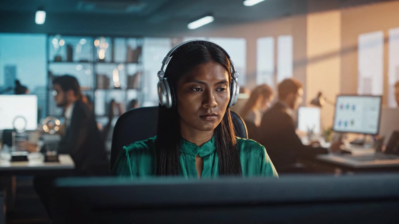 Focused Professional Wearing Headphones at a Modern Office Desk, Engaged in Work Amidst a Collaborative Environment of Colleagues at Computer Stations
