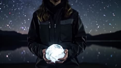 a figure in a starry night sky holds a radiant crystal, symbolizing hope and mystery, capturing the essence of nature's beauty and the universe's wonders