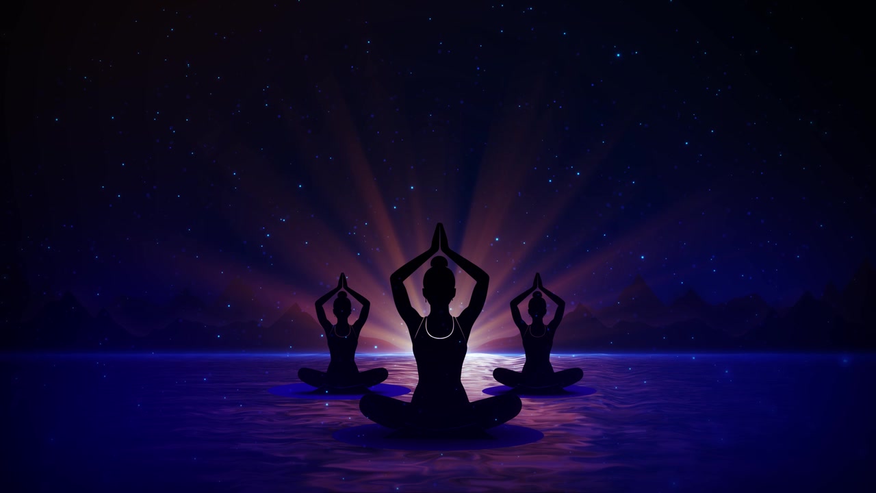 Donna che medita con aura di energia blu e luce stellare, perfetta per la crescita spirituale e l'equilibrio dei chakra